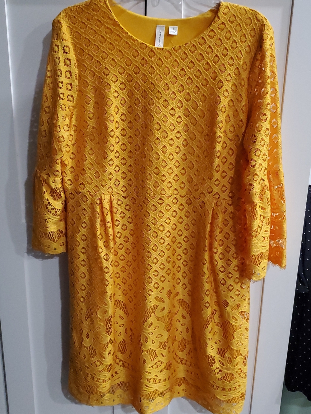 Tacera Yellow Lace Midi Dress with Three-Quarter Sleeves